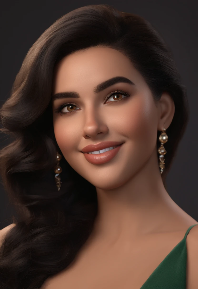 Mulher morena cabelo preto olhos escuros sorrindo com um cavalo marrom escuro crinas escuras ao lado estilo pixar alta qualidade