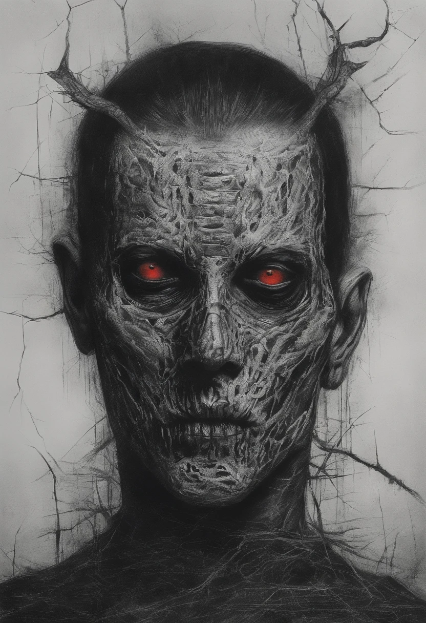 Un dibujo de boceto un hombre joven , calvo, vestido con tunica roja y negra , sombras rojo fuego , hyper-realistic, artistic, Todo blanco y negro