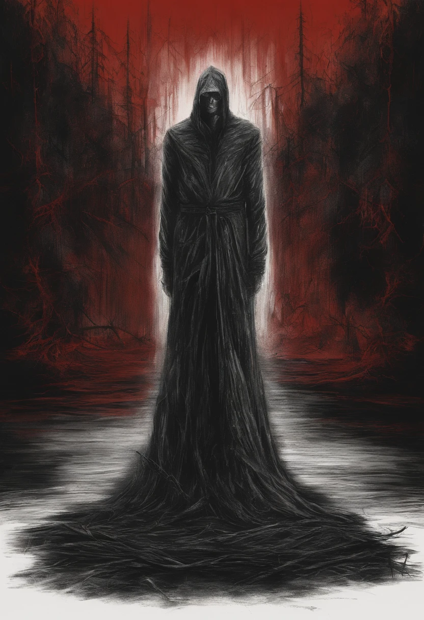 Un dibujo de boceto un hombre joven , calvo, vestido con tunica roja y negra , sombras rojo fuego , hyper-realistic, artistic, Todo blanco y negro
