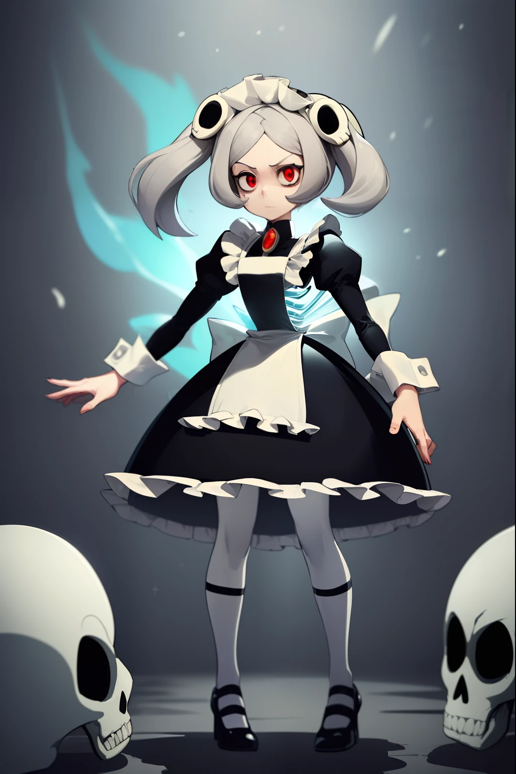 (masterpiece, best quality), marie from skullgirls, skullgirls, red pupils, blue flame on background, digital art, anime style, girl, white hair, ((maid outfit)), serious expression, necklace with red gem , white long socks, fullbody, looking at viwer, beautiful girl, 2D anime drawing, black heels, skeletons on background, black and white clothing, clothed, standing up, (((sfw art)))