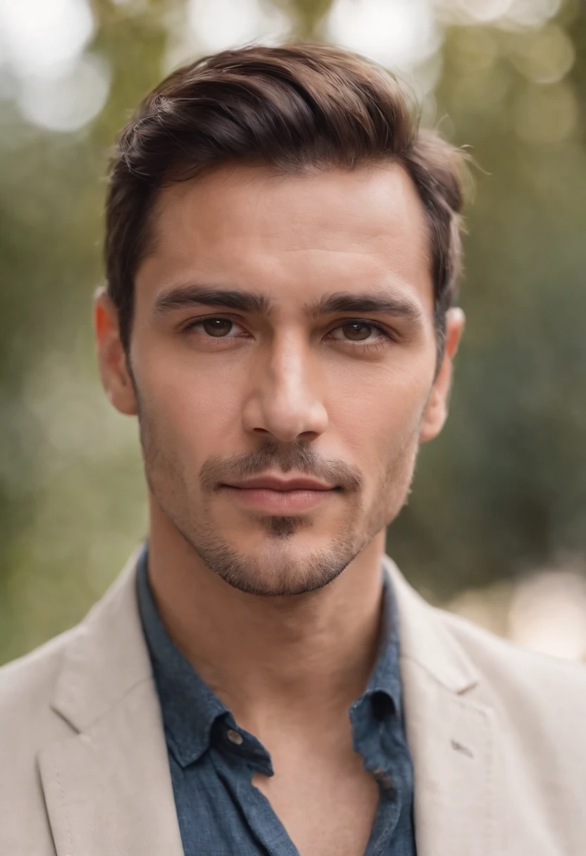 Portrait of handsome man 30 years oval face cinematic appearance、Camisa branca e jaqueta com gola、looking at the camera, hispanic
