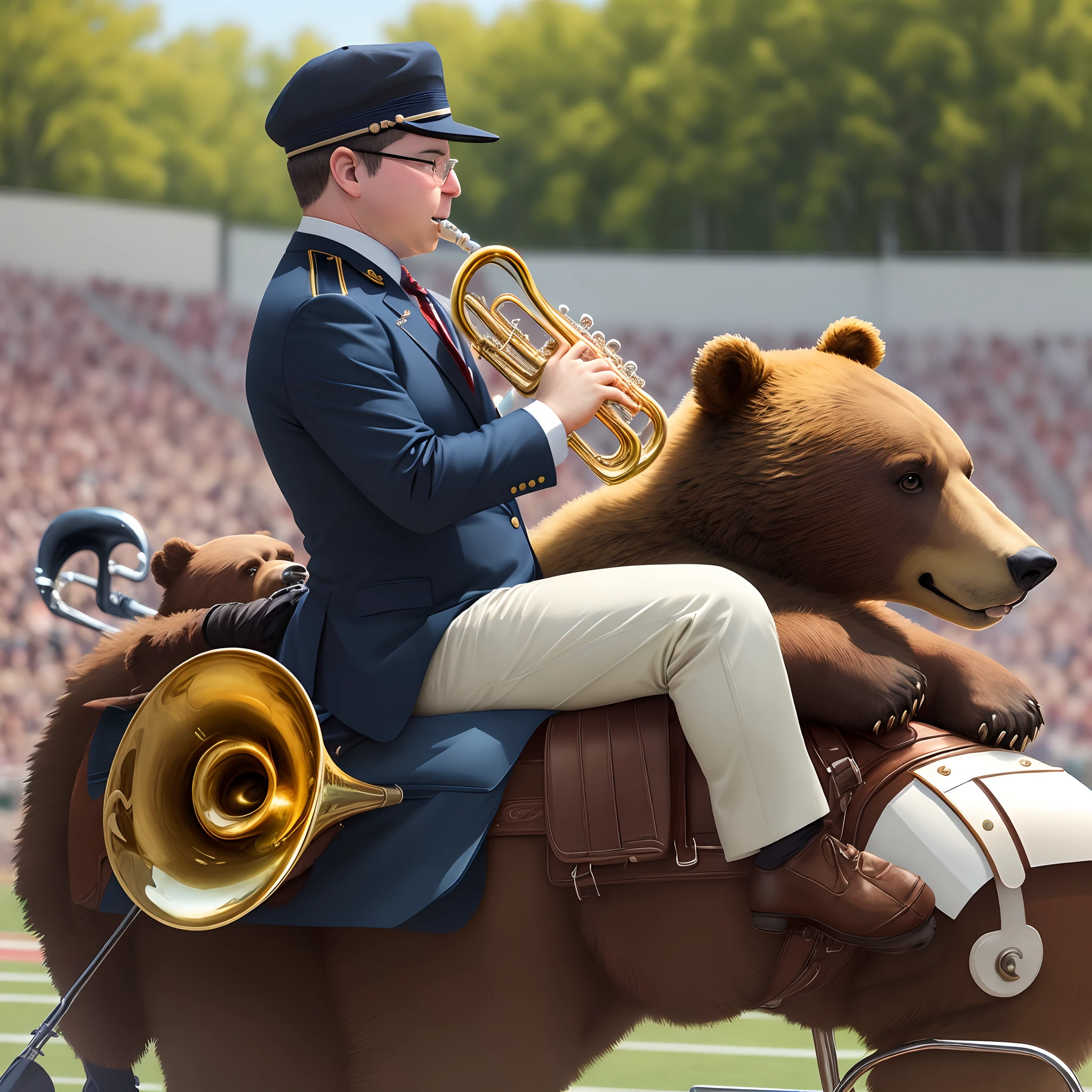 Band director riding a bear with a trumpet