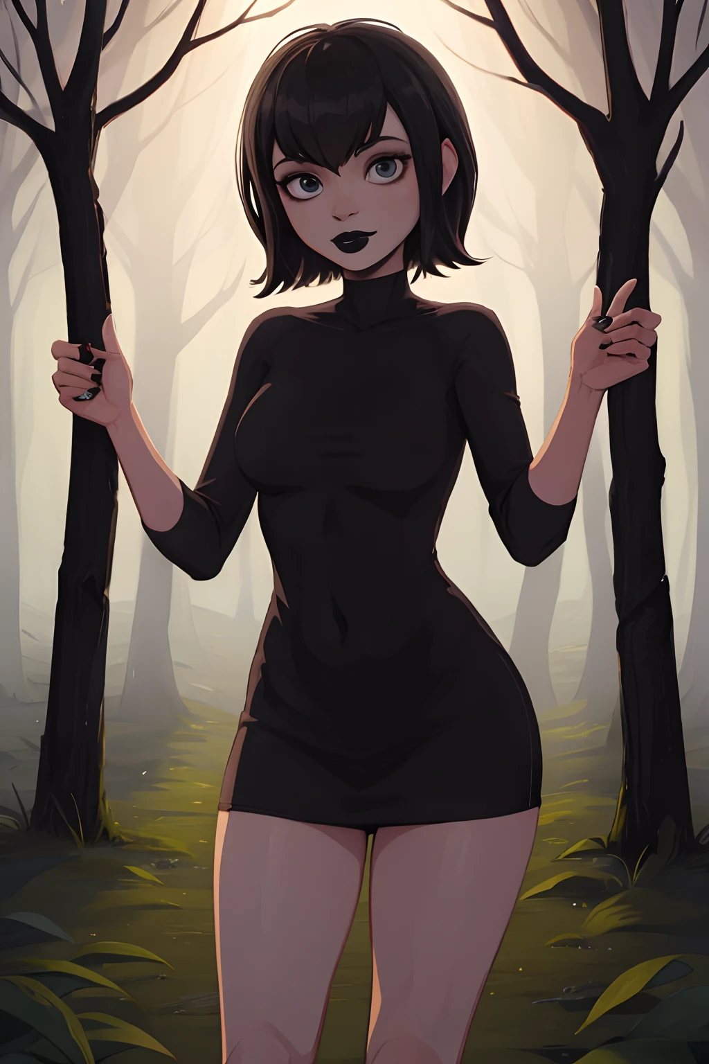 Mavis, standing in woods, black lipstick, cute