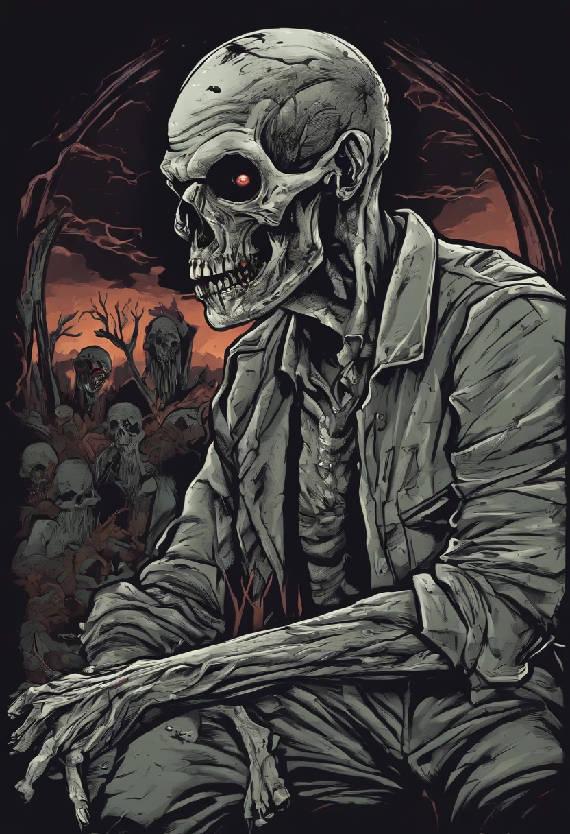 /imagine prompt: zombie illustration for a sticker with a black background, in bold outline style, jagged edges, trashcore, light shading --v 5.2