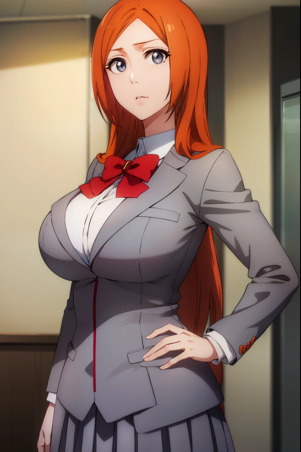 inoueorihime, inoue orihime, long hair, orange hair, (grey eyes:1.5),
BREAK skirt, bow, school uniform, jacket, blazer, grey jacket,
BREAK looking at viewer, upper body, huge breasts
BREAK indoors, classroom,
BREAK (masterpiece:1.2), best quality, high resolution, unity 8k wallpaper, (illustration:0.8), (beautiful detailed eyes:1.6), extremely detailed face, perfect lighting, extremely detailed CG, (perfect hands, perfect anatomy),