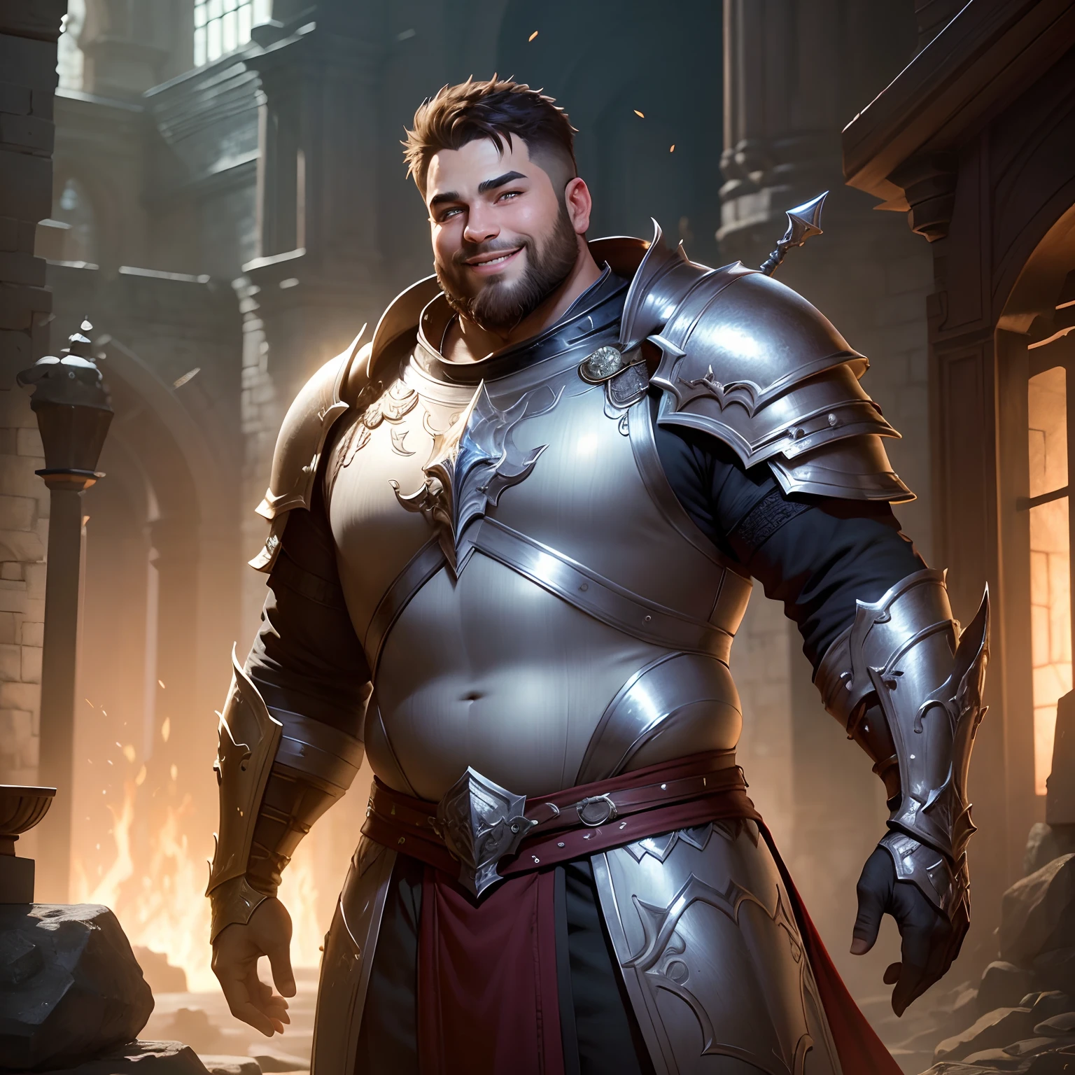 ((masterpiece)), (8k, high_resolution), (best quality), fat man, (smiling with teeths), (big eyes), open eyes, brown eyes, detailed teeth, standing pose, beautiful eyes, detailed eyes, dark hair, (short bristle), (ultra short hair), fantasy man, (man), male, ultra-detailed, looking at camera, fat face, simple background, fantasy art, (fantasy game character), front view, official artwork, (wearing silver armor), cinematic lighting, details, detailed armor, mmo, mmorpg, lineage 2, (looks at camera)