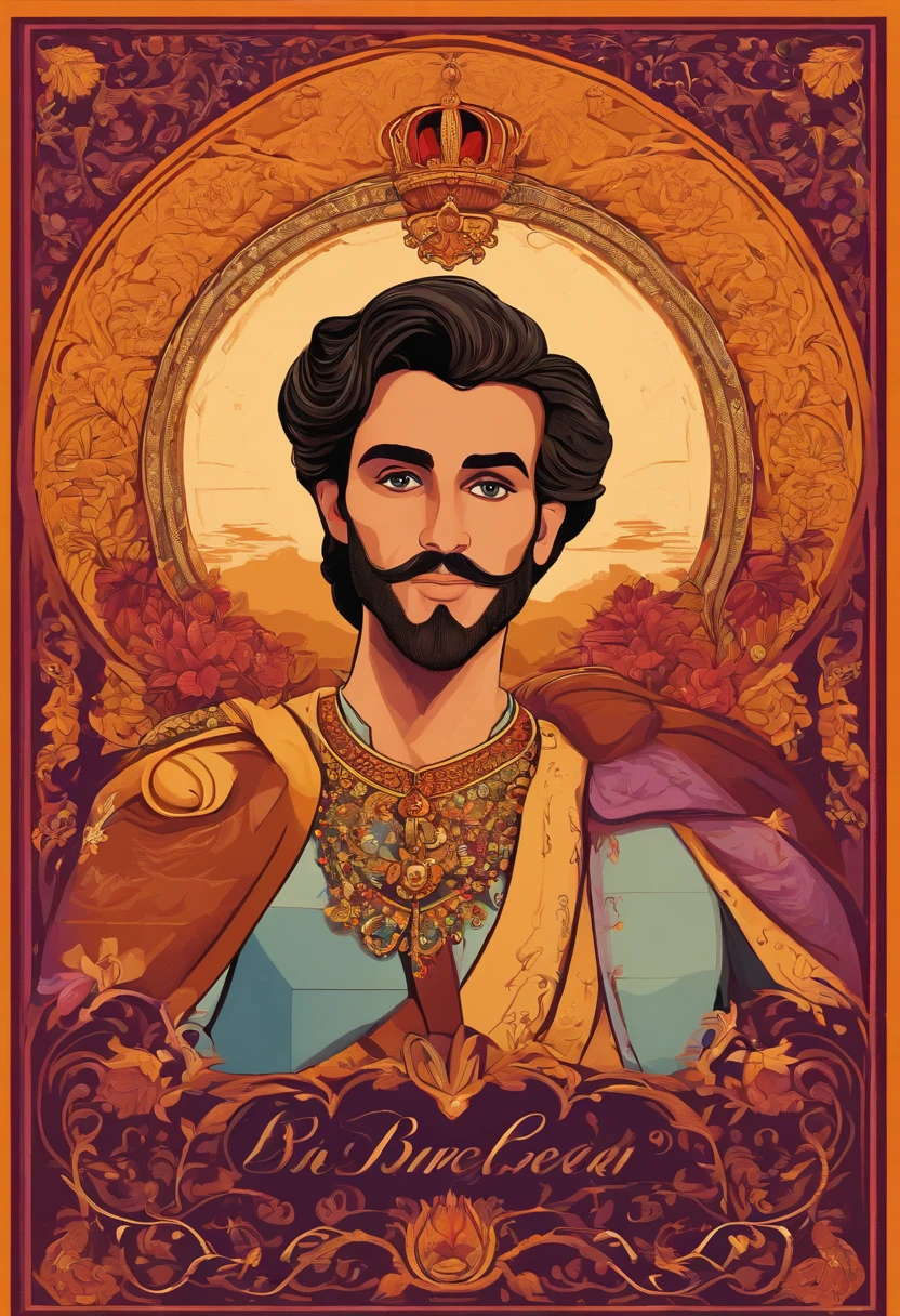 Disney Pixel Man Style Poster, olhos castanhos puxados, rosto redondo, barba cerrada boca fina e rosada, symmetrical nose. prince