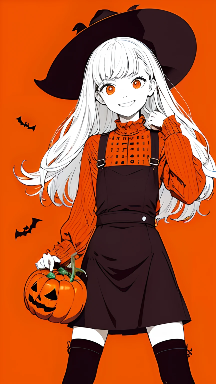 (flat color:1.4),(orange background:1.3),(masterpiece:1.2), a cute girl holding a pumpkin, mischevious laugh, best quality, (halloween asthetic), masterpiece, original, extremely detailed wallpaper, looking at viewer,1girl,solo, perfect face, artistic, smile,cute, stylish, (wallpaper),(asthetic:1), white hair, abstract background, halloween pumkin, red eyes, witch hat, wallpaper, orange clothes, Spider web