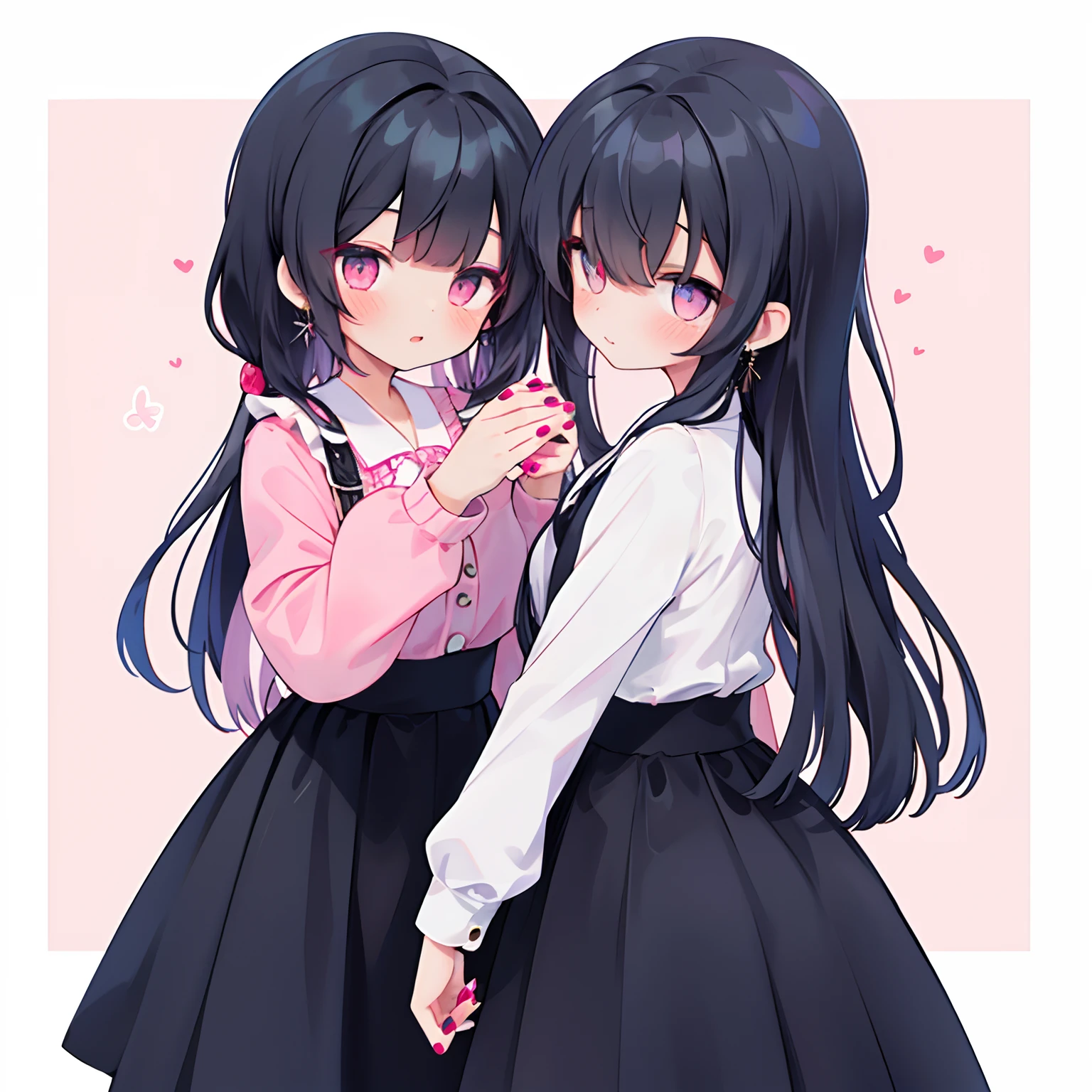 Girl, two sides up, black hair, smooth hair with blunt bangs, pink eyes, red eyeshadow on the corners of the eyes, earrings, pastel pink ruffled modest shirt, high waisted skirt, black skirt, pink nails, cute, pink, purple
