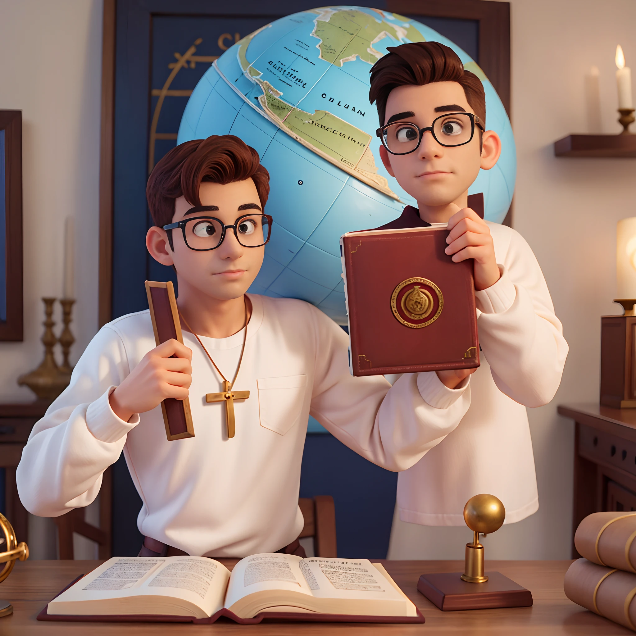 Homem jovem, branco, calvo, With bulging eyes wearing square glasses with the Bible in his hand and a globe next to him