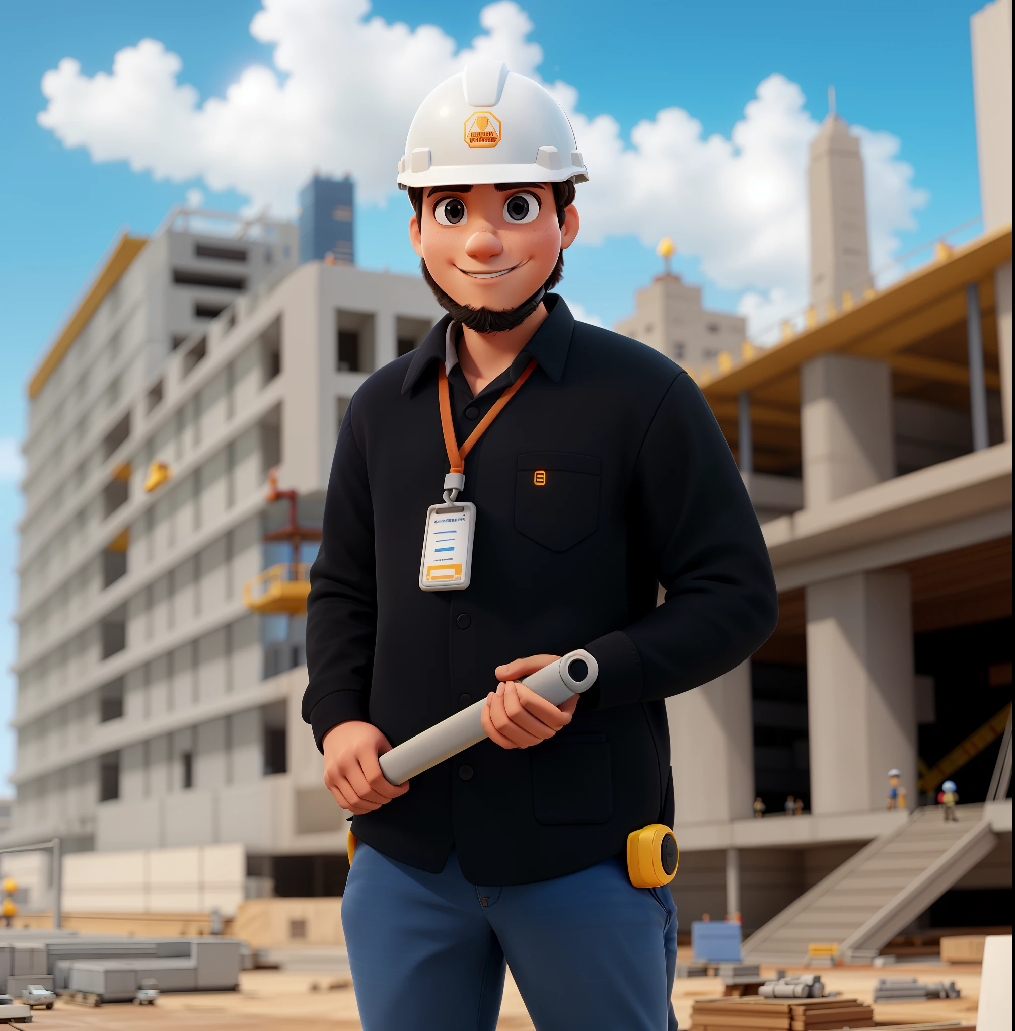 A young civil engineering scholar in an engineer's helmet, standing still, iluminada pela luz do dia, with background of a construction site of a building, estilo Disney Pixar, alta qualidade, melhor qualidade.