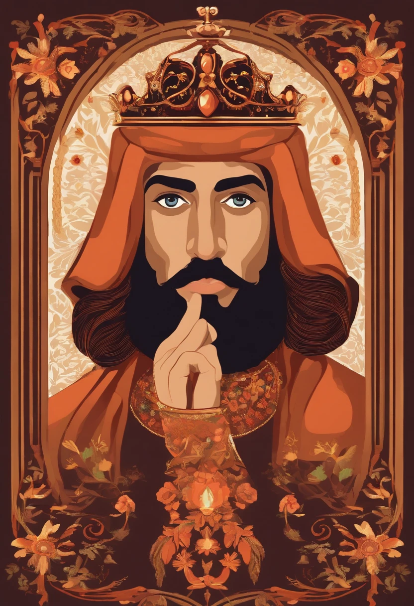 Disney Pixel Man Style Poster, olhos castanhos puxados, rosto redondo, barba cerrada boca fina e rosada, symmetrical nose. prince, branco