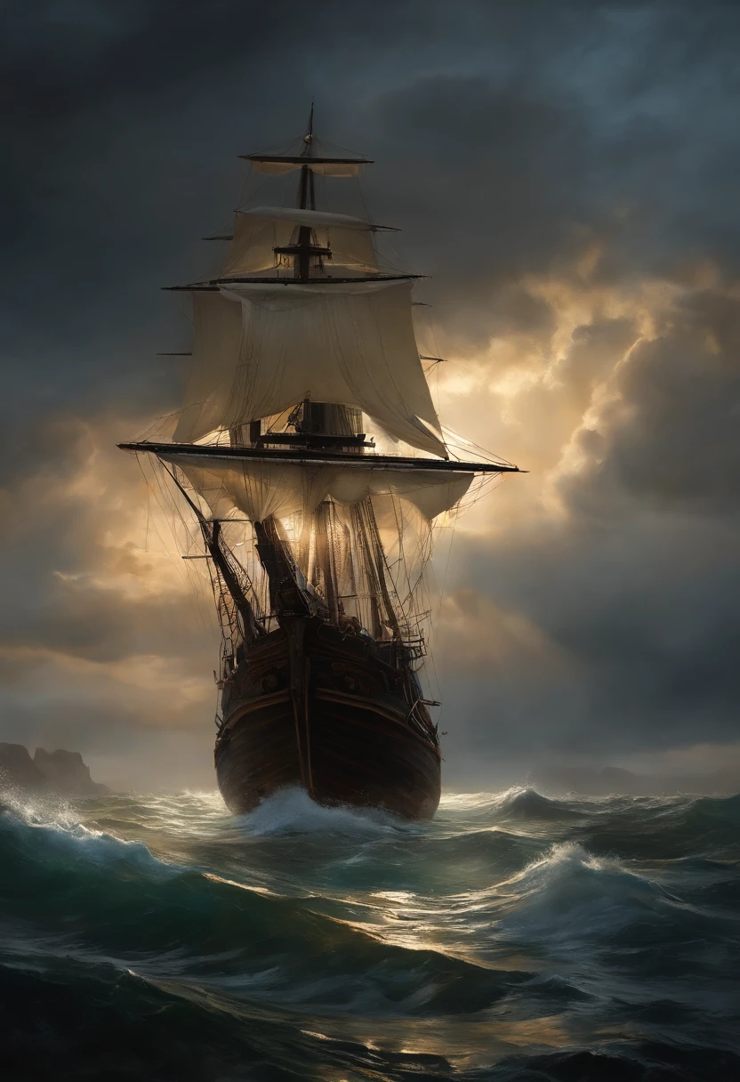 Real picture（（Oil paints ））Landscape painting, acrycle painting, Brush strokes, With unparalleled realism,ultrawide,ominous skies,Sail ships,Wooden boats,Lotus,Huge waves,Starry night,《assassins creed》Ambient,voluminetric lighting,Clearing,Realistic,james gurney,art  stations，（（Oil painting paint）, 16:9 aspect ratio