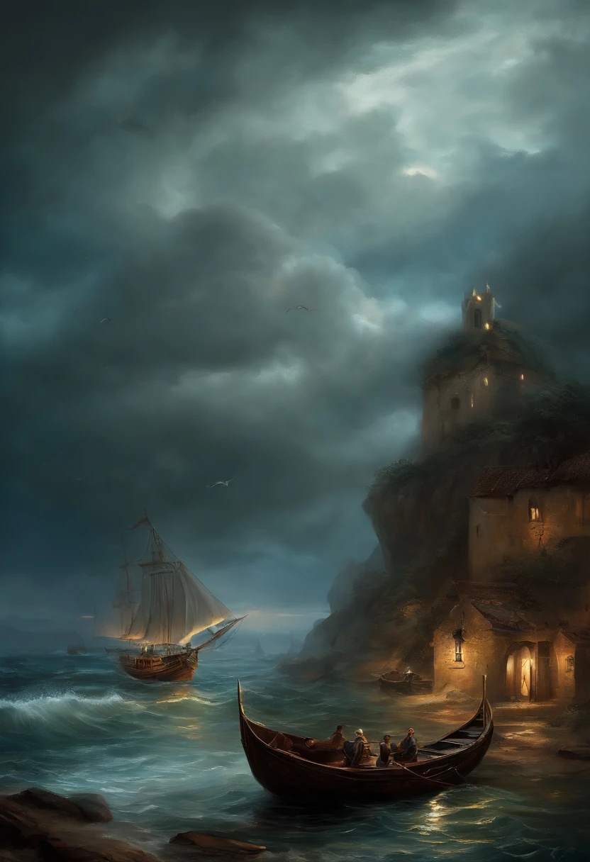Real picture((Oil paints ))Landscape painting, acrycle painting, Brush strokes, With unparalleled realism,ultrawide,ominous skies,Sail ships,Wooden boats,Lotus,Huge waves,Starry night,《assassins creed》Ambient,voluminetric lighting,Clearing,Realistic,james gurney,art stations,((Oil painting paint), 16:9 aspect ratio
