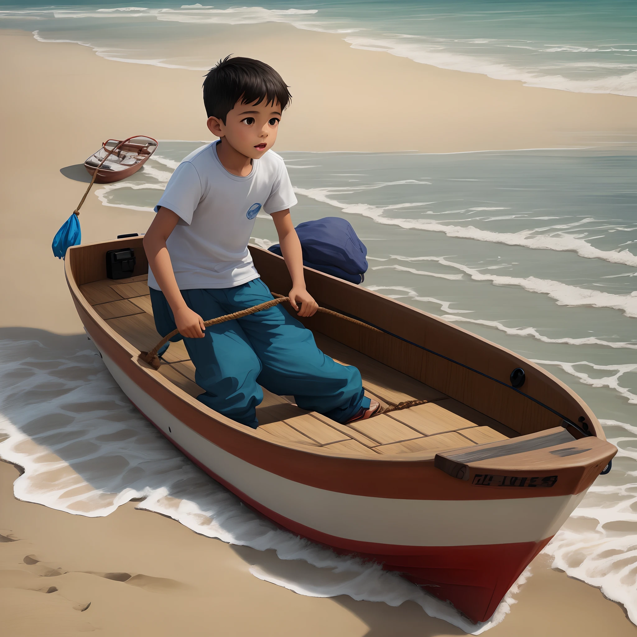 On a deserted beach, a young boy pulls a small boat with a sand rope.
Debaixo de coqueiros