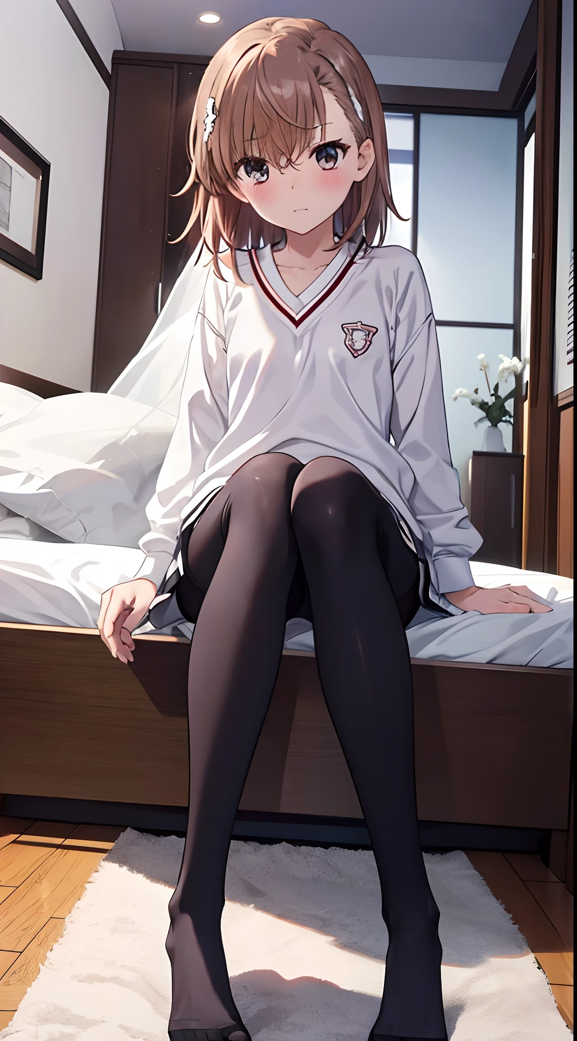 Misaka Mikoto、Misaka Mikoto、Mature and slender body shape１Japan of people１８Year old girl、solo、slightly disheveled hair、Full body from head to leg、Composition from slightly below、Sitting facing the front、M-shaped legs、Holding your feet、small tits、High school girl in underwear、White bra、white  panties、Black pantyhose、(Black_pantyhose):1.2)、Show white panties through stockings、No shoes、Bedrooms、inside in room、during daytime、blushing、looking at the viewers、Panchira、Composition from the front、watching at viewers、White panties are visible