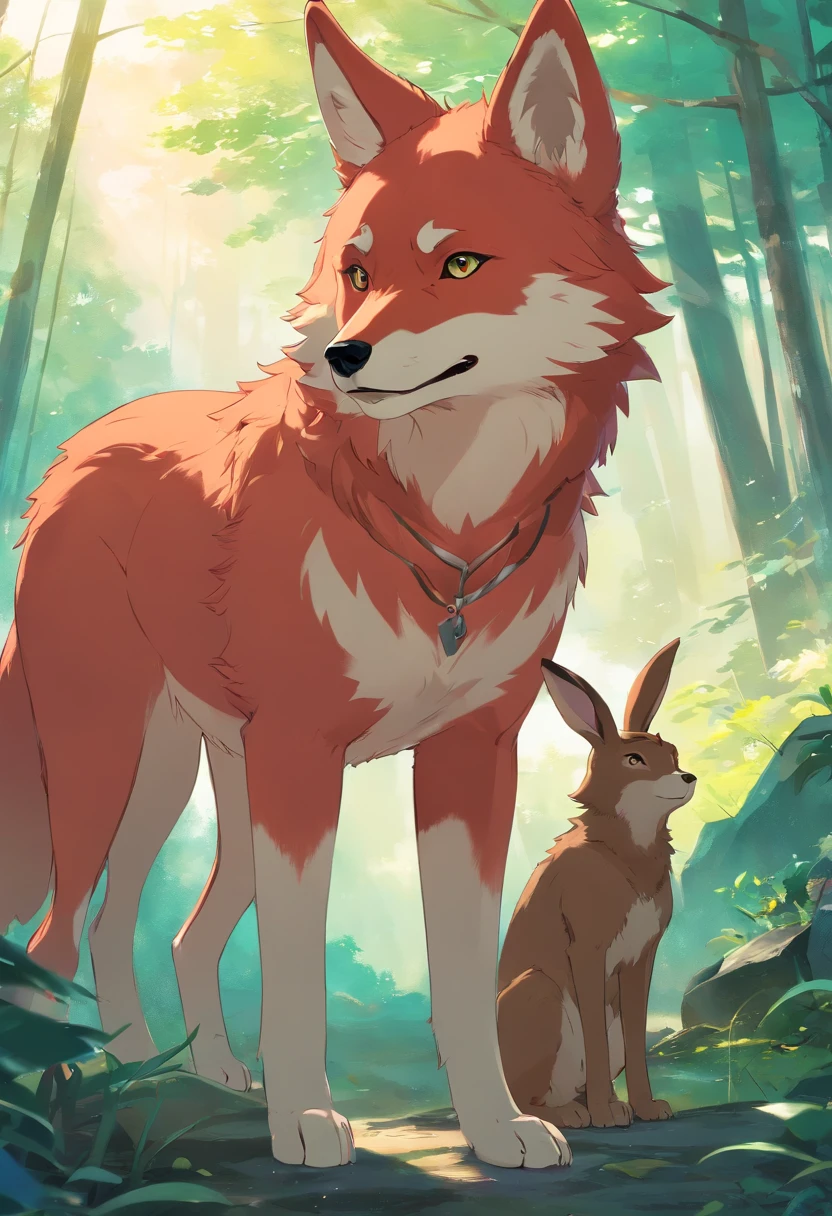 A fusion of 2 anthropomorphic animals: wolf body and rabbit ear, ear color is red and fur color is brown