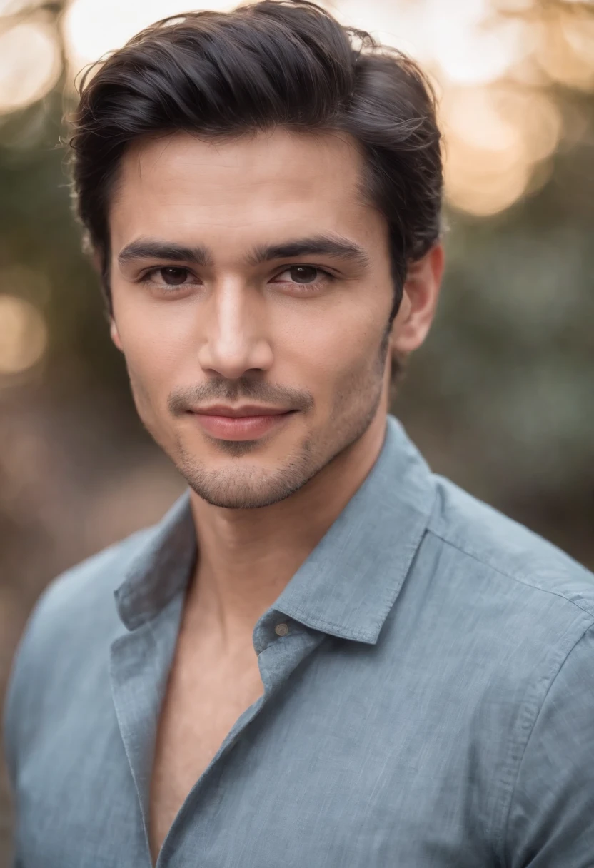 Portrait of handsome man 30 years oval face cinematic appearance、Camisa branca e jaqueta com gola、looking at the camera, hispanic, smiling, cheerful, black hair,