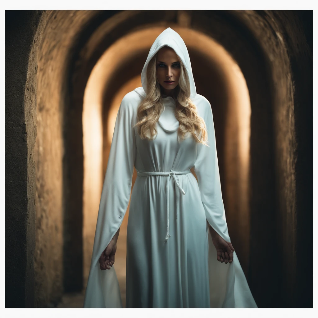 Beautiful woman 45 years old(death),in a white hooded shroud,Cyan eyes, blonde woman,Wide chest,full length,Standing in a dark tunnel,In one hand is a bloody scythe,The other hand is outstretched, beckoning to follow,Picture Quality Figure 8K, photo,tmasterpiece, crisp detailing.