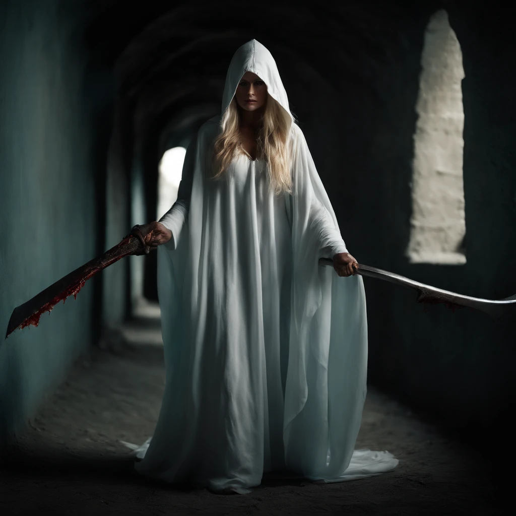 Beautiful woman 45 years old(death),in a white hooded shroud,Cyan eyes, blonde woman,Wide chest,full length,Standing in a dark tunnel,In one hand is a bloody scythe,The other hand is outstretched, beckoning to follow,Picture Quality Figure 8K, photo,tmasterpiece, crisp detailing.