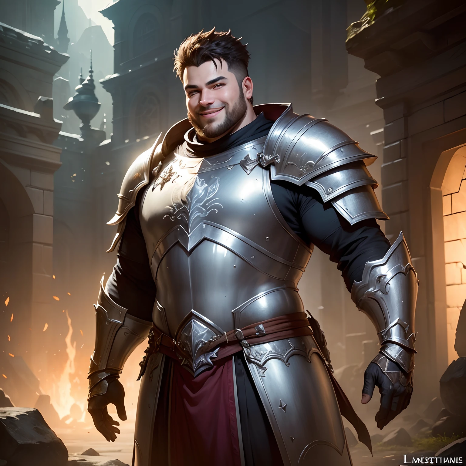 ((masterpiece)), (8k, high_resolution), (best quality), fat man, (smiling with teeths), (big eyes), open eyes, brown eyes, detailed teeth, standing pose, beautiful eyes, detailed eyes, dark hair, (short bristle), (ultra short hair), fantasy man, (man), male, ultra-detailed, looking at camera, fat face, simple background, fantasy art, (fantasy game character), front view, official artwork, (wearing silver armor), cinematic lighting, details, detailed armor, mmo, mmorpg, lineage 2, (looks at camera)