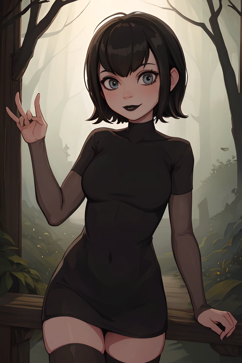 Mavis, woods background, black lipstick, cute