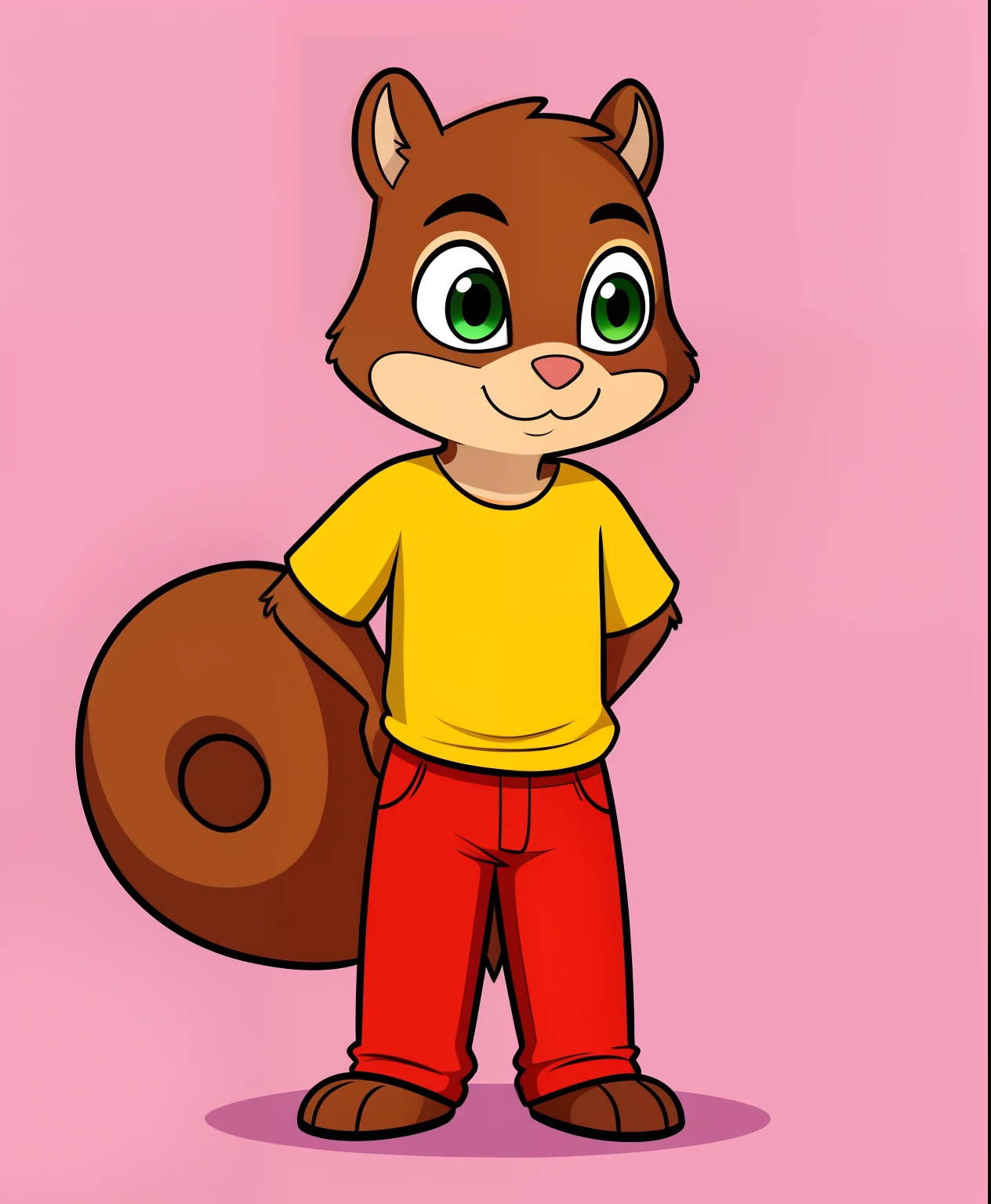 Charles the squirrel, yellow shirt with a blue c on it, red pants, green eyes, 2D cartoon animation style, full body view