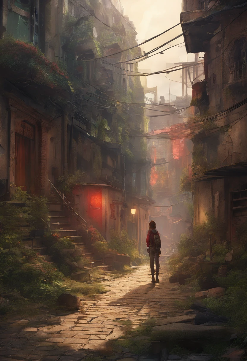 (best quality,4k,8k,highres,masterpiece:1.2),ultra-detailed,(realistic,photorealistic,photo-realistic:1.37),Biohazard suit,Scavenger,Teenager boy and Teenager girl,gas masks,dystopian setting,desolate landscape,polluted air,grim atmosphere,decaying buildings,dark and moody lighting,post-apocalyptic,abandoned city,gritty texture,detail-oriented,hauntingly beautiful,desperation,wide-angle shot,graffiti-covered walls,rubble and debris,overgrown vegetation,worn-out gas masks,tattered clothing,hopeful expression,emotional connection,intense gaze,parallel narratives,storytelling through visuals,muted color palette,subtle hints of red,contrast between light and shadows,ominous clouds,uneven ground,deserted streets,visual tension between characters,broken glass shards,interaction between characters,hidden dangers,an air of mystery