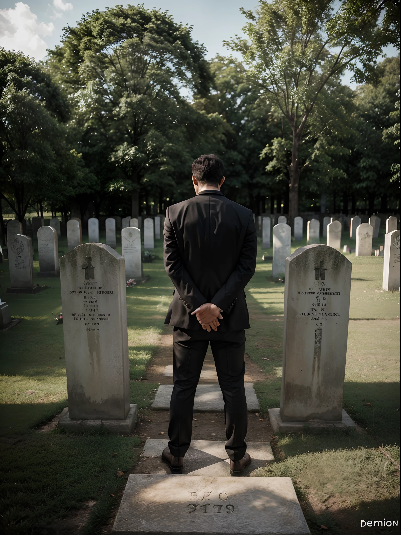 A sad man in front of a grave, com a perspectiva de lado, e no estilo de arte renascentista