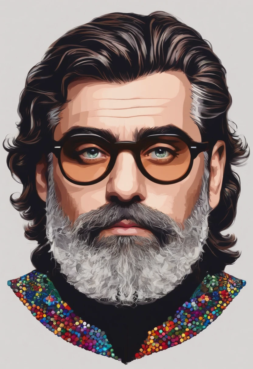 Disney Pixel Man Style Poster, olhos castanhos puxados, rosto redondo, barba, boca fina e rosada, symmetrical nose, branco, lorde