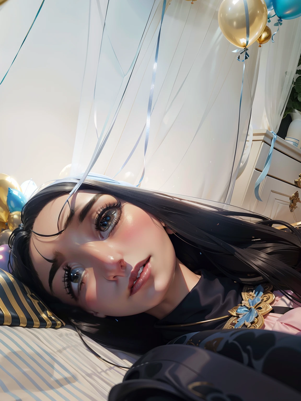 mesa de aniversario enfeitada com o tema Jasmine, muitos enfeites na mesa, balloons hanging from the eyes, toalha de mesa da princesa Jasmine, studio illumination