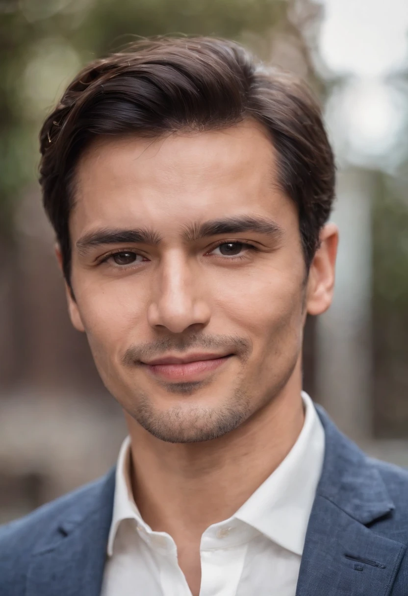 Portrait of handsome man 30 years oval face cinematic appearance、Camisa branca e jaqueta com gola、looking at the camera, hispanic, smiling, cheerful, black hair, blazer, white shirt