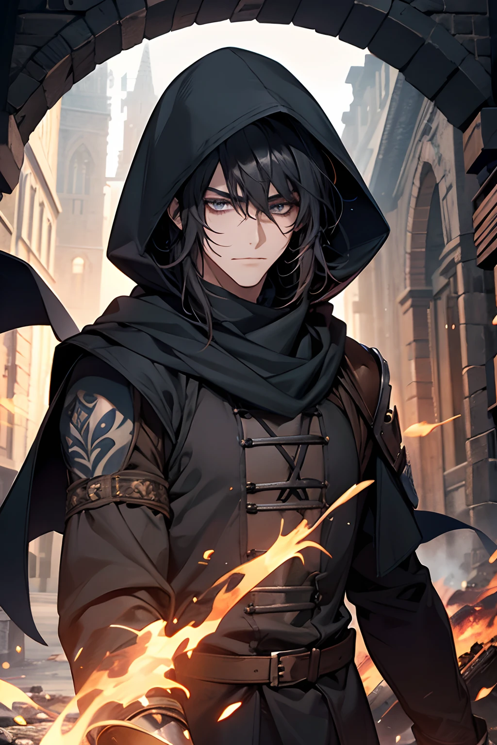 male, adult, medium long length hair with bangs, black hair, blue-grey eyes, beautiful, rogue mage, pyromaniac, toned body, bare arms, covered in tattoos, hooded scarf, medieval