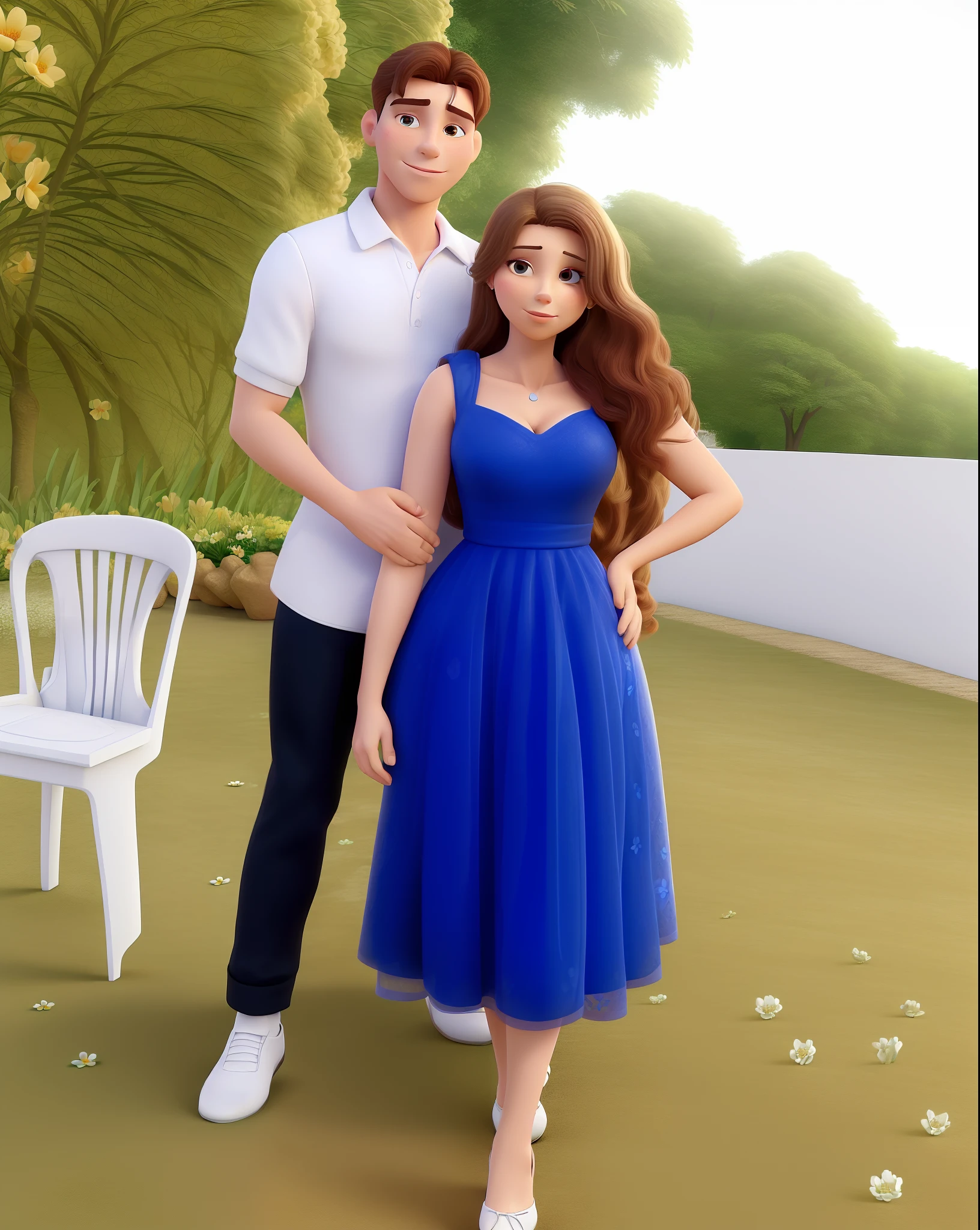 Obra-prima, de melhor qualidade, A woman and a man, woman in white dress and man in fine sport with a flowery background