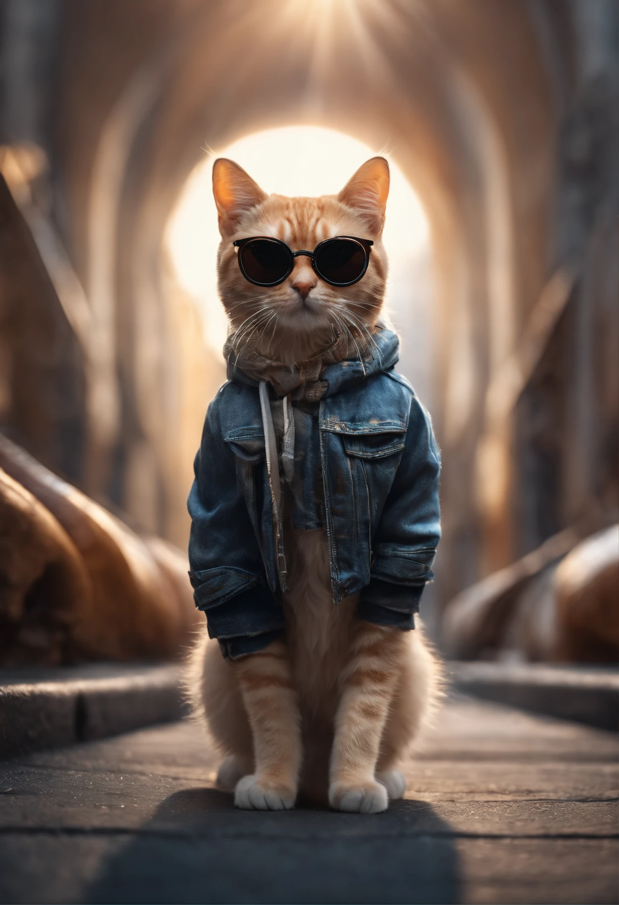 Perfect centering, cute little cat, Wear a jacket, Wearing sunglasses, Wearing headphones, cheerfulness, Standing position, Abstract beauty, Centered, Looking at the camera, Facing the camera, nearing perfection, Dynamic, Highly detailed, smooth, Sharp focus, 8K