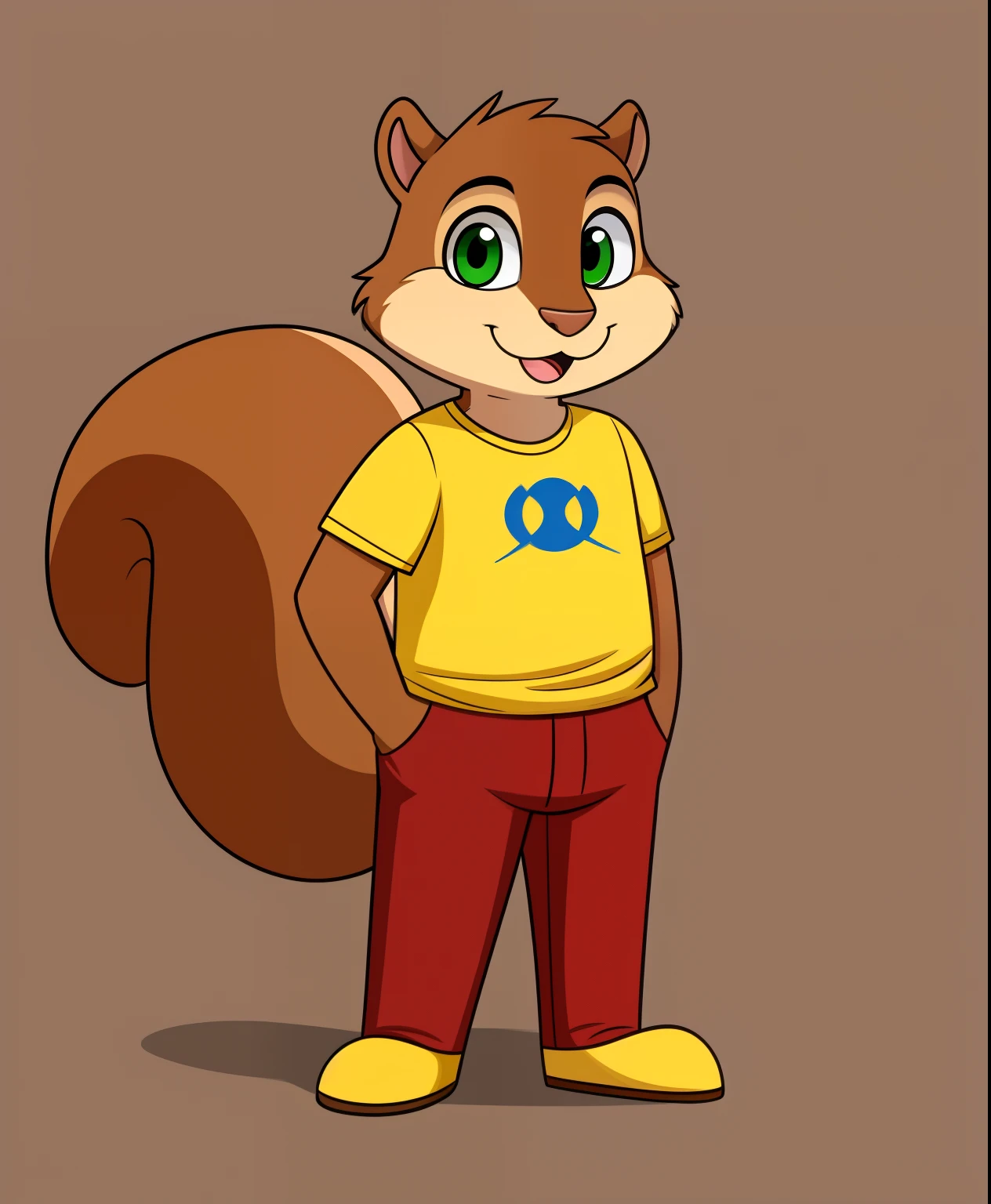 Charles the squirrel, yellow shirt with a blue c on it, red pants, green eyes, 2D cartoon animation style, full body view