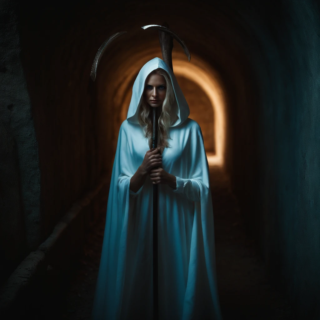 Beautiful woman 45 years old(death),in a white hooded shroud,Cyan eyes, blonde woman,Wide chest,full length,Standing in a dark tunnel,In one hand is a bloody scythe,The other hand is outstretched, beckoning to follow,Picture Quality Figure 8K, photo,tmasterpiece, crisp detailing.