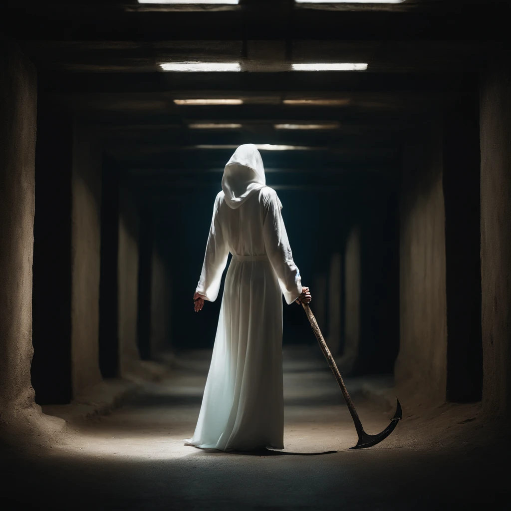 Beautiful woman 45 years old(death),in a white hooded shroud,Cyan eyes, blonde woman,Wide chest,full length,Standing in a dark tunnel,In one hand is a bloody scythe,The other hand is outstretched, beckoning to follow,Picture Quality Figure 8K, photo,tmasterpiece, crisp detailing.