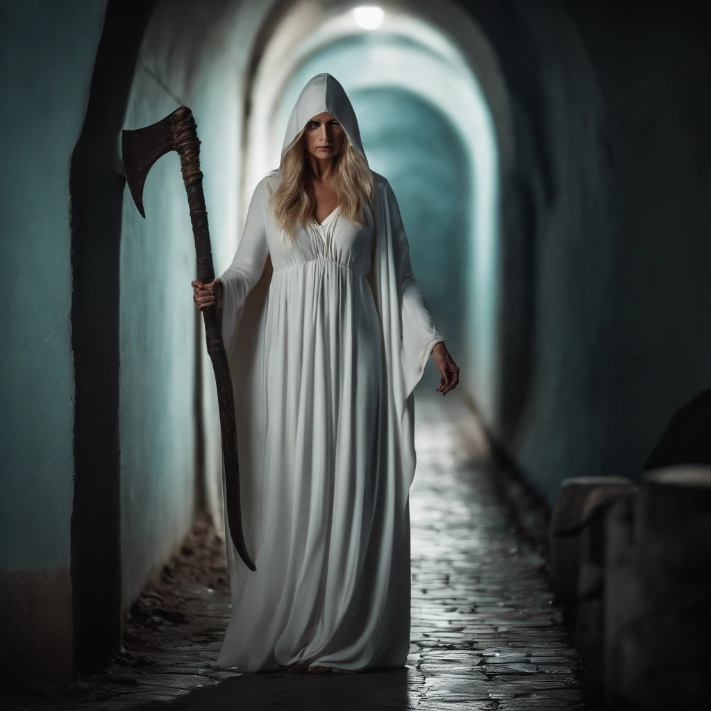 Beautiful woman 45 years old(death),in a white hooded shroud,Cyan eyes, blonde woman,Wide chest,full length,Standing in a dark tunnel,In one hand is a bloody scythe,The other hand is outstretched, beckoning to follow,Picture Quality Figure 8K, photo,tmasterpiece, crisp detailing.