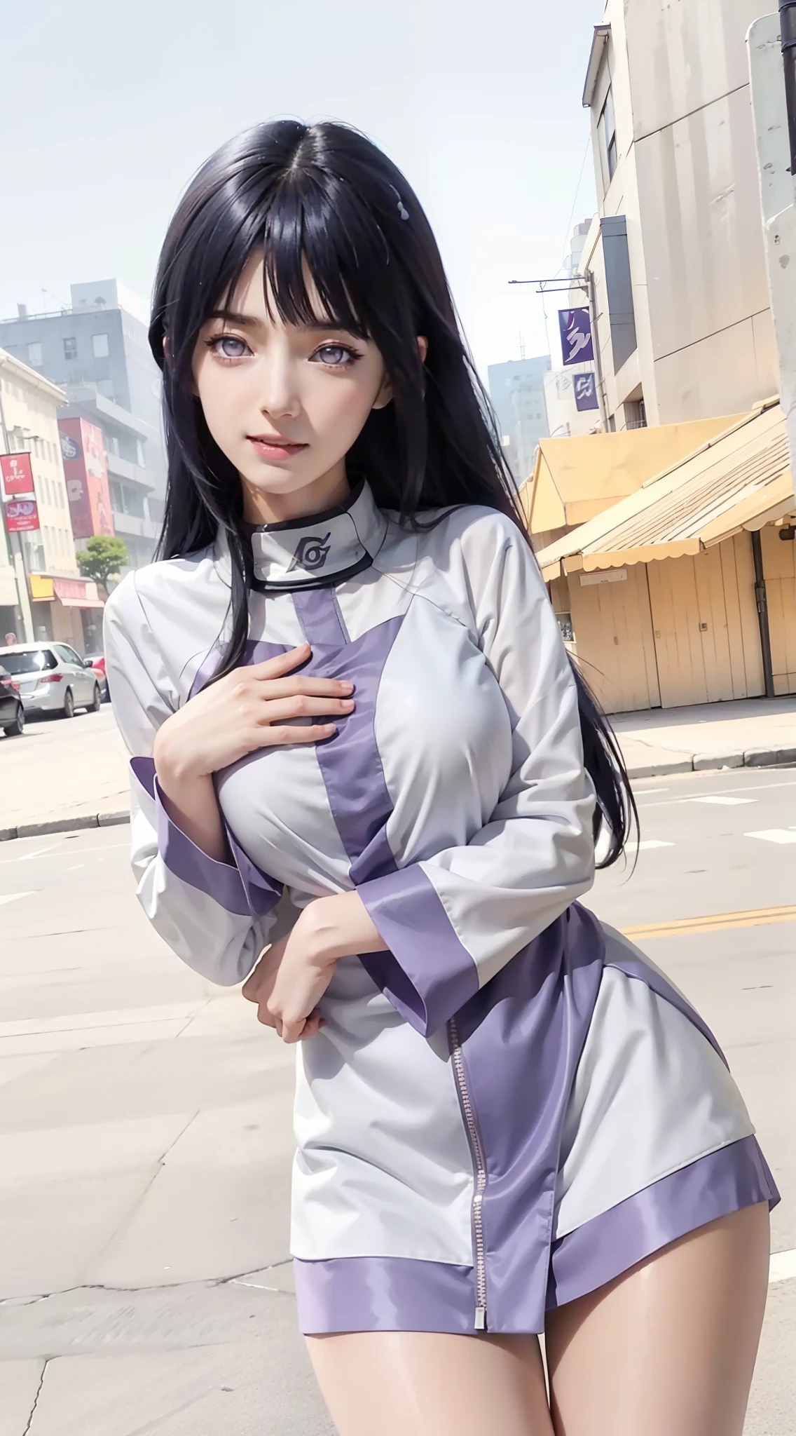1girl, hyuga hinata in anime naruto, long hair, dark blue hair, white eyes, smile, beautiful, sexy dress, sexy clothes, purple and white clothes, very big breast, realistic clothes, detail clothes, outdoor background, ultra detail, realistic