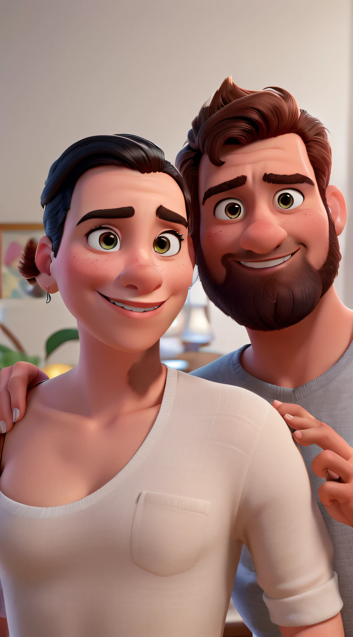 Um homem moreno e uma mulher branca estilo disney pixar, alta qualidade, melhor qualidade