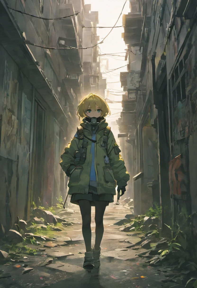 (best quality,4k,8k,highres,masterpiece:1.2),ultra-detailed,(realistic,photorealistic,photo-realistic:1.37),Biohazard suit,Scavenger,Teenager boy and Teenager girl,gas masks,dystopian setting,desolate landscape,polluted air,grim atmosphere,decaying buildings,dark and moody lighting,post-apocalyptic,abandoned city,gritty texture,detail-oriented,hauntingly beautiful,desperation,wide-angle shot,graffiti-covered walls,rubble and debris,overgrown vegetation,worn-out gas masks,tattered clothing,hopeful expression,emotional connection,intense gaze,parallel narratives,storytelling through visuals,muted color palette,subtle hints of red,contrast between light and shadows,ominous clouds,uneven ground,deserted streets,visual tension between characters,broken glass shards,interaction between characters,hidden dangers,an air of mystery