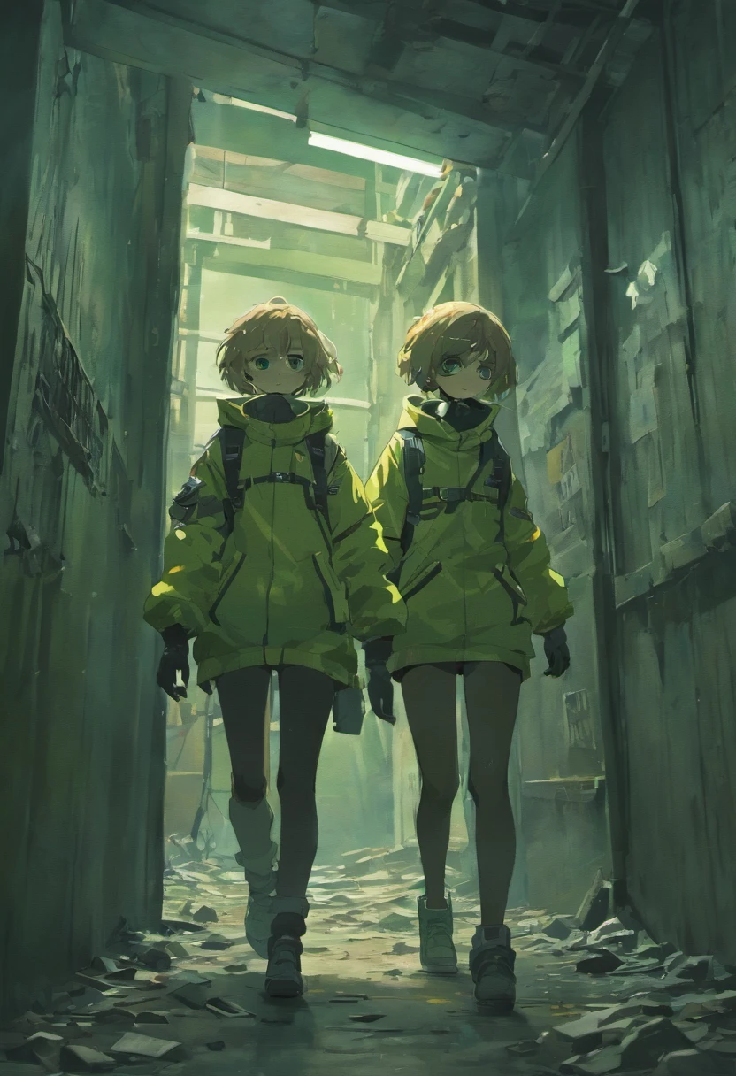 (best quality,4k,8k,highres,masterpiece:1.2),ultra-detailed,(realistic,photorealistic,photo-realistic:1.37),Biohazard suit,Scavenger,Teenager boy and Teenager girl,gas masks,dystopian setting,desolate landscape,polluted air,grim atmosphere,decaying buildings,dark and moody lighting,post-apocalyptic,abandoned city,gritty texture,detail-oriented,hauntingly beautiful,desperation,wide-angle shot,graffiti-covered walls,rubble and debris,overgrown vegetation,worn-out gas masks,tattered clothing,hopeful expression,emotional connection,intense gaze,parallel narratives,storytelling through visuals,muted color palette,subtle hints of red,contrast between light and shadows,ominous clouds,uneven ground,deserted streets,visual tension between characters,broken glass shards,interaction between characters,hidden dangers,an air of mystery