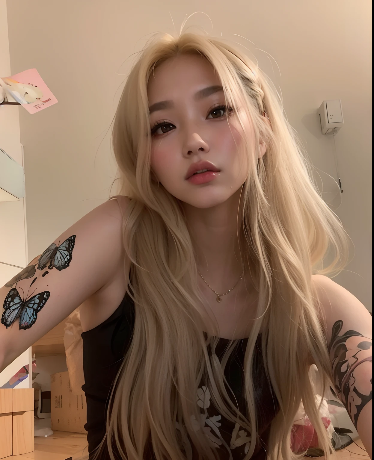 Blonde woman with long hair and butterfly tattoo on arm, Cl, Parque Roseanne do Blackpink, foto de perfil, TaeJune Kim, linda Delphine, Heonhwa Choe, de menina taiwanesa com tatuagens, imagem de perfil, ava max, Xision Wu, Jaeyeon Nam, taken in the early 2020s, menina coreana, com longos cabelos loiros