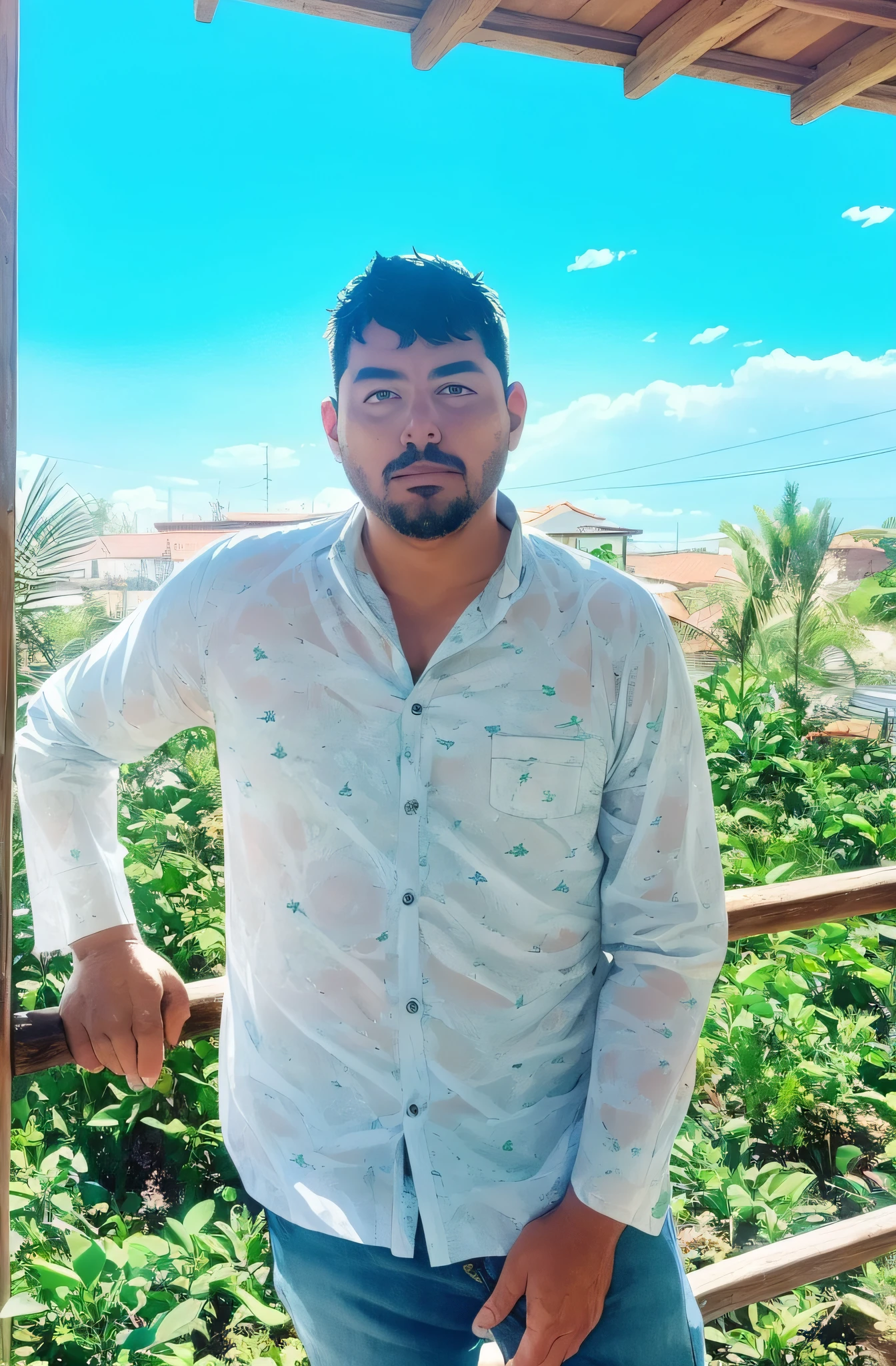 homem de camisa manga comprida com paisagem natural plantas verde