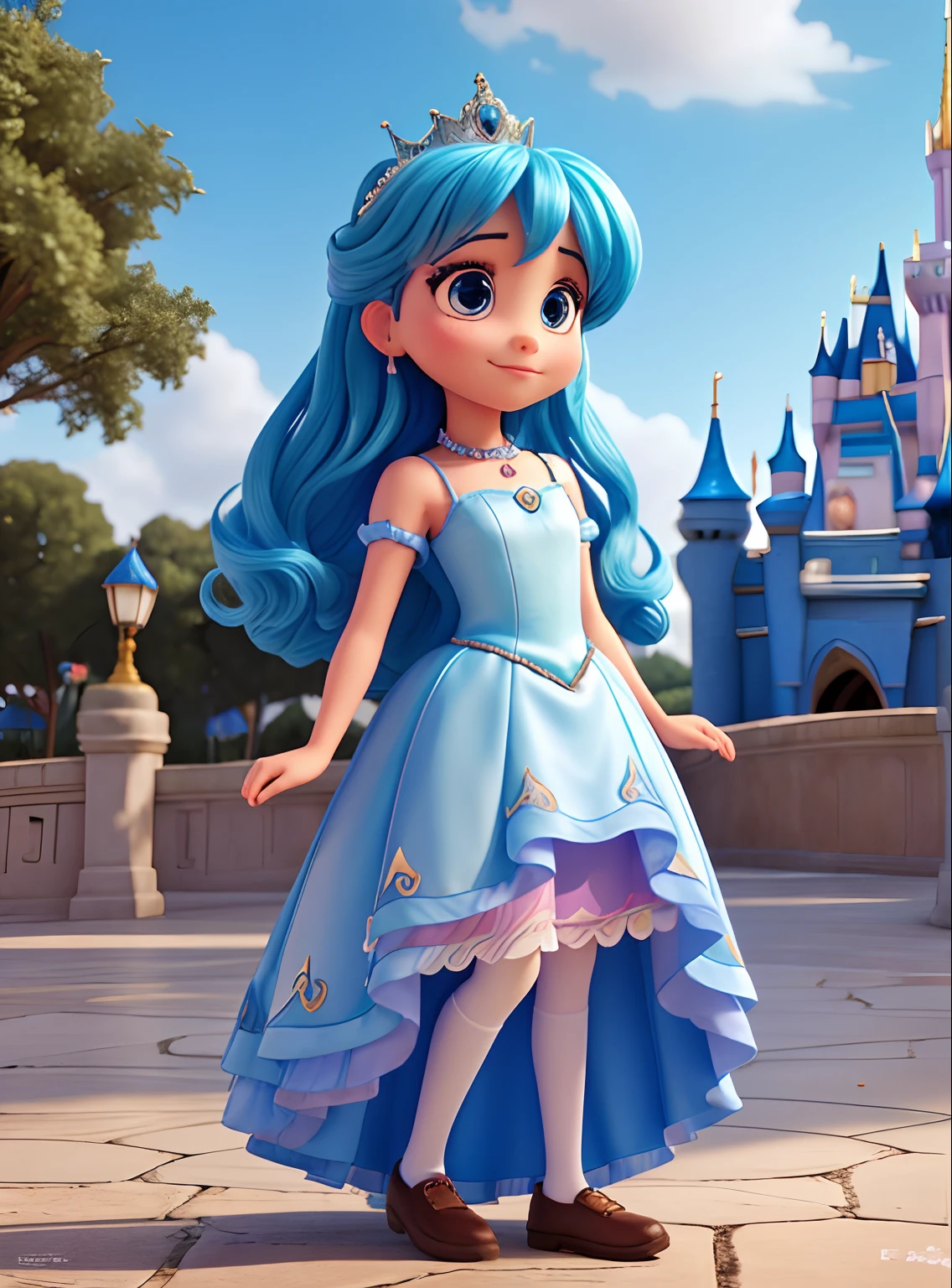 Create for me this girl dressed in a blue princess dress in front of the Disney castle as a birthday invitation written Rafaela's birthday that is Disney style