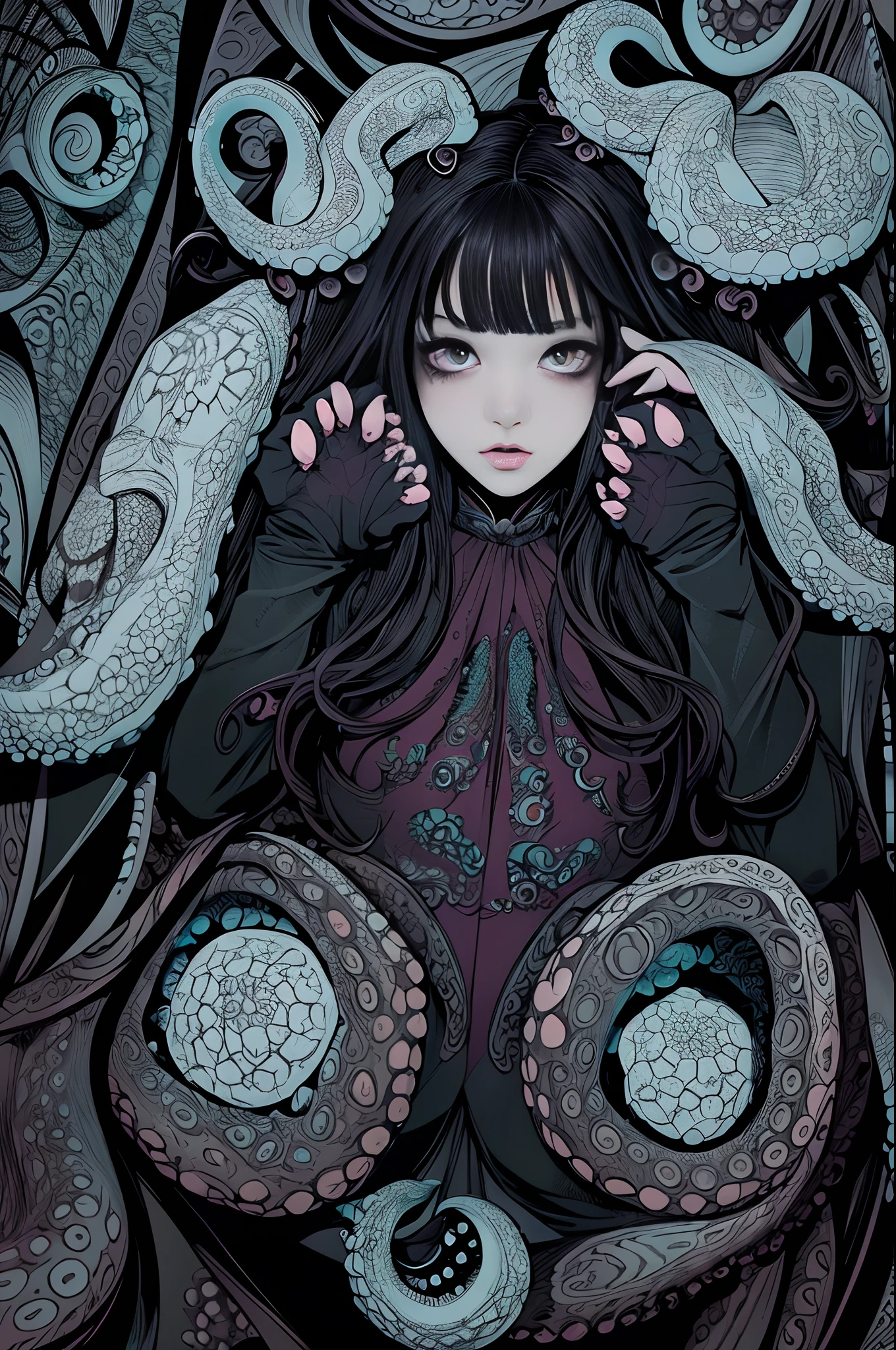 horror-themed lovecraftian horror Junji Ito, Raw digital photo, Film Washi, "The Frost of (80s style:0.65) (hand drawn, anime:1.2) (girl:0.8) , analogue vhs distortion, intricately detailed linework, vibrant colors", Hisui Sugiura, Intricate and vivid depiction of Junji Ito's work in film form. The artist's signature style is evident throughout, from the detailed linework and vibrant colors to the subtle analogue VHS distortion. The image captures a girl in her natural habitat, surrounded by intricate details that bring the scene to life. The overall effect is a stunning representation of Ito's unique vision. Hisui Sugiura Assistant has done an excellent job in capturing the essence of this iconic artist's work. The image is a true masterpiece.  . eldritch, cosmic horror, unknown, mysterious, surreal, highly detailed . eerie, unsettling, dark, spooky, suspenseful, grim, highly detailed