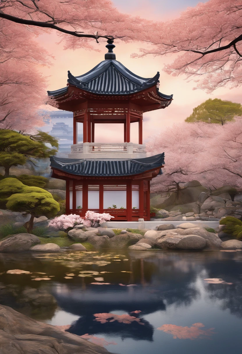 (pintura digital),(best quality), serene Japanese garden, cherry blossoms in full bloom, Lagoa de Koi, passarela, pagode, Estilo de arte Ukiyo-e, Hokusai inspiration, Arte Desviante popular, 8k ultrarrealista, esquema de cores pastel, soft lighting, Hora de Ouro, atmosfera tranquila, landscape orientation