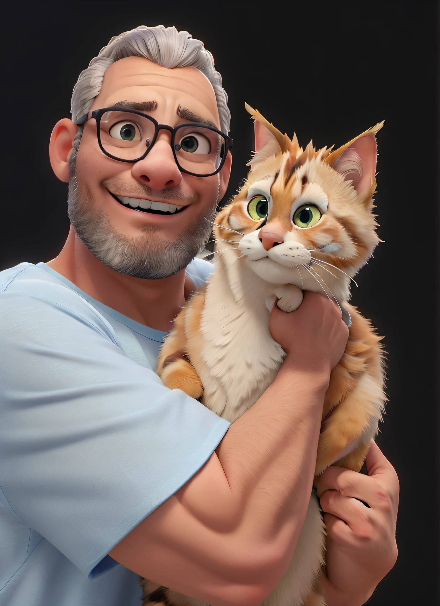 Obra-prima, de melhor qualidade, um homem, vet, bespectacled , vestindo uma camiseta azul , segurando um gato maine coon, Standing in the park