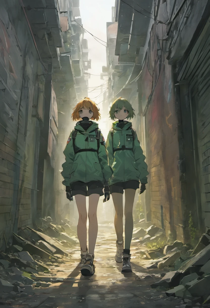 (best quality,4k,8k,highres,masterpiece:1.2),ultra-detailed,(realistic,photorealistic,photo-realistic:1.37),Biohazard suit,Scavenger,Teenager boy and Teenager girl,gas masks,dystopian setting,desolate landscape,polluted air,grim atmosphere,decaying buildings,dark and moody lighting,post-apocalyptic,abandoned city,gritty texture,detail-oriented,hauntingly beautiful,desperation,wide-angle shot,graffiti-covered walls,rubble and debris,overgrown vegetation,worn-out gas masks,tattered clothing,hopeful expression,emotional connection,intense gaze,parallel narratives,storytelling through visuals,muted color palette,subtle hints of red,contrast between light and shadows,ominous clouds,uneven ground,deserted streets,visual tension between characters,broken glass shards,interaction between characters,hidden dangers,an air of mystery